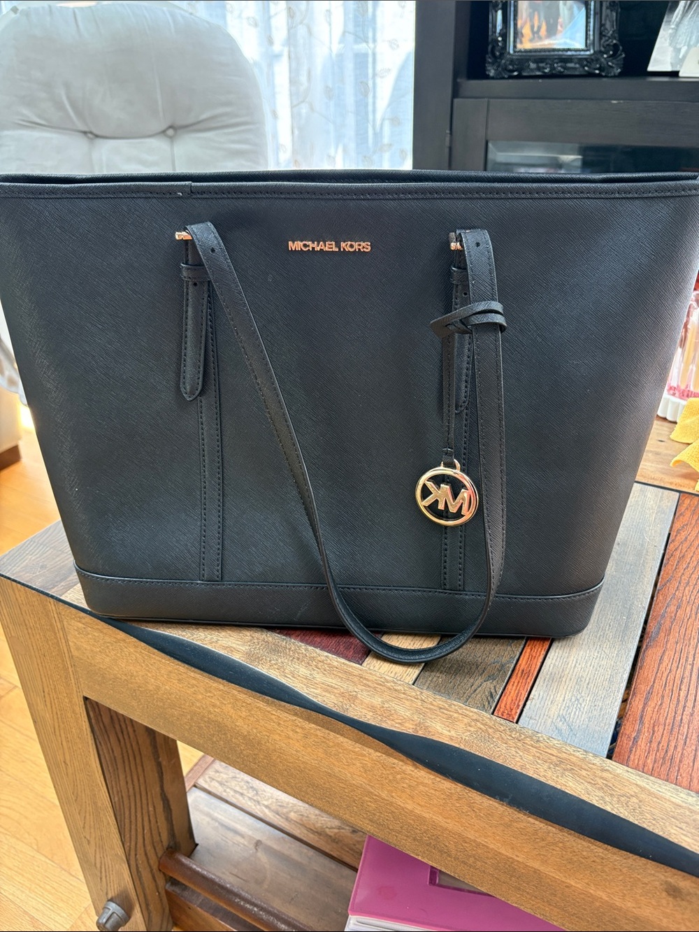 Michael Kors Black Satchel with Gold Logo Interior Tag